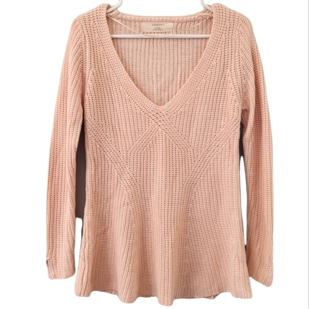 Zara Knit V-Neck Sweater Open Weave Pink Medium